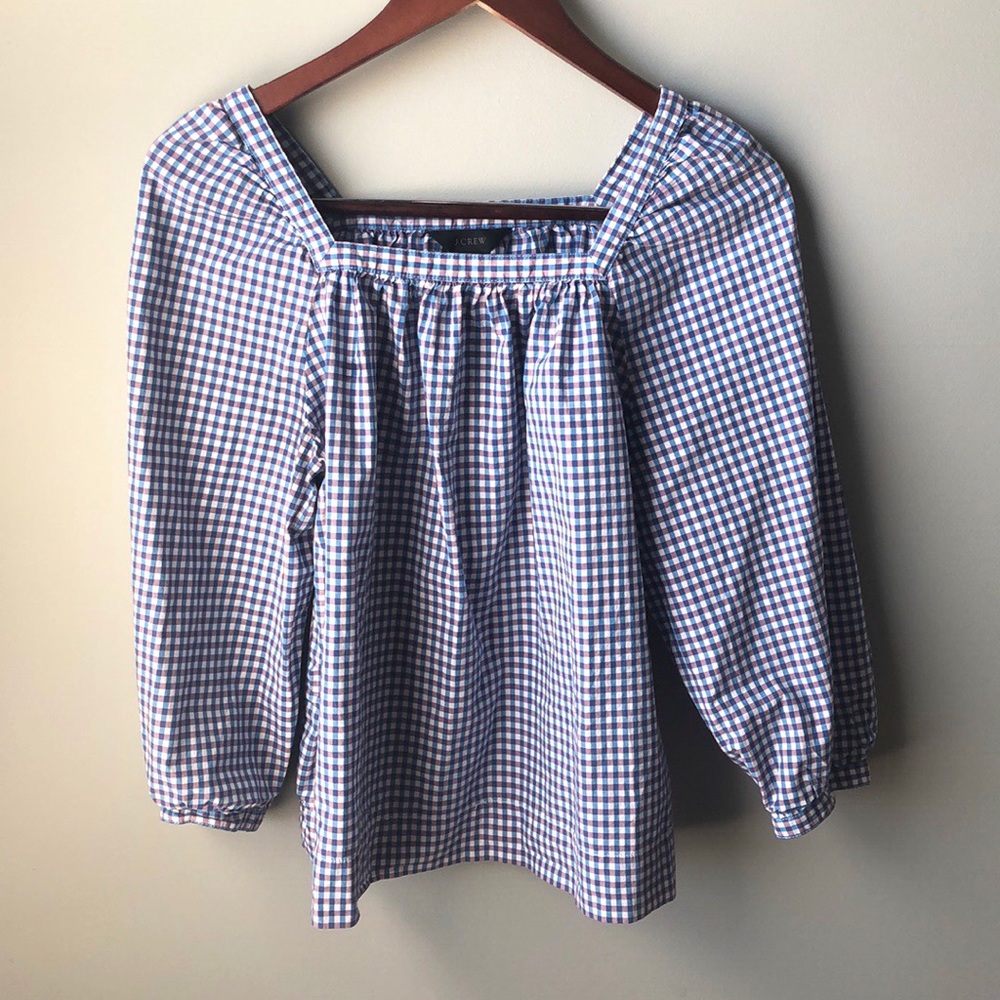 J.Crew Penny Gingham Peasant Square Neck Blouse